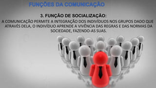 3. FUNÇÃO DE SOCIALIZAÇÃO:
A COMUNICAÇÃO PERMITE A INTEGRAÇÃO DOS INDIVÍDUOS NOS GRUPOS DADO QUE
ATRAVÉS DELA, O INDIVÍDUO APRENDE A VIVÊNCIA DAS REGRAS E DAS NORMAS DA
SOCIEDADE, FAZENDO-AS SUAS.
 