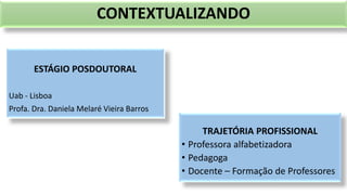CONTEXTUALIZANDO
ESTÁGIO POSDOUTORAL
Uab - Lisboa
Profa. Dra. Daniela Melaré Vieira Barros
TRAJETÓRIA PROFISSIONAL
• Professora alfabetizadora
• Pedagoga
• Docente – Formação de Professores
 