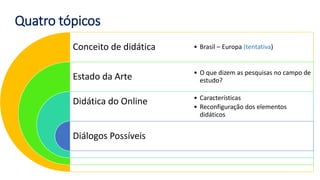 Quatro tópicos
Conceito de didática
Estado da Arte
Didática do Online
Diálogos Possíveis
• Brasil – Europa (tentativa)
• O que dizem as pesquisas no campo de
estudo?
• Características
• Reconfiguração dos elementos
didáticos
 