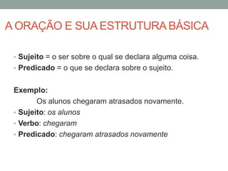 A ORAÇÃO E SUA ESTRUTURA BÁSICA
• Sujeito = o ser sobre o qual se declara alguma coisa.
• Predicado = o que se declara sobre o sujeito.
Exemplo:
Os alunos chegaram atrasados novamente.
• Sujeito: os alunos
• Verbo: chegaram
• Predicado: chegaram atrasados novamente
 