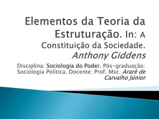 Disciplina: Sociologia do Poder. Pós-graduação:
Sociologia Política. Docente: Prof. Msc. Araré de
Carvalho Júnior
 