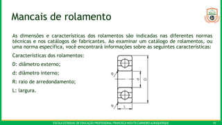 ESCOLA ESTADUAL DE EDUCAÇÃO PROFISSIONAL FRANCISCA NEILYTA CARNEIRO ALBUQUERQUE 10
Mancais de rolamento
As dimensões e características dos rolamentos são indicadas nas diferentes normas
técnicas e nos catálogos de fabricantes. Ao examinar um catálogo de rolamentos, ou
uma norma específica, você encontrará informações sobre as seguintes características:
Características dos rolamentos:
D: diâmetro externo;
d: diâmetro interno;
R: raio de arredondamento;
L: largura.
 