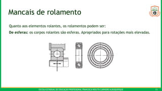 ESCOLA ESTADUAL DE EDUCAÇÃO PROFISSIONAL FRANCISCA NEILYTA CARNEIRO ALBUQUERQUE 13
Mancais de rolamento
Quanto aos elementos rolantes, os rolamentos podem ser:
De esferas: os corpos rolantes são esferas. Apropriados para rotações mais elevadas.
 