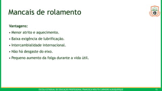 ESCOLA ESTADUAL DE EDUCAÇÃO PROFISSIONAL FRANCISCA NEILYTA CARNEIRO ALBUQUERQUE 15
Mancais de rolamento
Vantagens:
• Menor atrito e aquecimento.
• Baixa exigência de lubrificação.
• Intercambialidade internacional.
• Não há desgaste do eixo.
• Pequeno aumento da folga durante a vida útil.
 