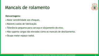 ESCOLA ESTADUAL DE EDUCAÇÃO PROFISSIONAL FRANCISCA NEILYTA CARNEIRO ALBUQUERQUE 16
Mancais de rolamento
Desvantagens:
• Maior sensibilidade aos choques.
• Maiores custos de fabricação.
• Tolerância pequena para carcaça e alojamento do eixo.
• Não suporta cargas tão elevadas como os mancais de deslizamento.
• Ocupa maior espaço radial.
 