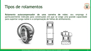 ESCOLA ESTADUAL DE EDUCAÇÃO PROFISSIONAL FRANCISCA NEILYTA CARNEIRO ALBUQUERQUE 21
Tipos de rolamentos
Rolamento autocompensador de uma carreira de rolos: seu emprego é
particularmente indicado para construções em que se exige uma grande capacidade
para suportar carga radial e a compensação de falhas de alinhamento.
 