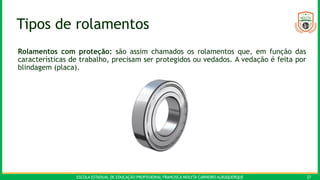ESCOLA ESTADUAL DE EDUCAÇÃO PROFISSIONAL FRANCISCA NEILYTA CARNEIRO ALBUQUERQUE 27
Tipos de rolamentos
Rolamentos com proteção: são assim chamados os rolamentos que, em função das
características de trabalho, precisam ser protegidos ou vedados. A vedação é feita por
blindagem (placa).
 