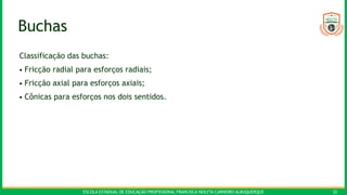 ESCOLA ESTADUAL DE EDUCAÇÃO PROFISSIONAL FRANCISCA NEILYTA CARNEIRO ALBUQUERQUE 32
Buchas
Classificação das buchas:
• Fricção radial para esforços radiais;
• Fricção axial para esforços axiais;
• Cônicas para esforços nos dois sentidos.
 