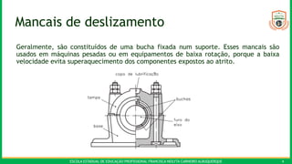 ESCOLA ESTADUAL DE EDUCAÇÃO PROFISSIONAL FRANCISCA NEILYTA CARNEIRO ALBUQUERQUE 4
Mancais de deslizamento
Geralmente, são constituídos de uma bucha fixada num suporte. Esses mancais são
usados em máquinas pesadas ou em equipamentos de baixa rotação, porque a baixa
velocidade evita superaquecimento dos componentes expostos ao atrito.
 
