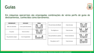 ESCOLA ESTADUAL DE EDUCAÇÃO PROFISSIONAL FRANCISCA NEILYTA CARNEIRO ALBUQUERQUE 41
Guias
Em máquinas operatrizes são empregadas combinações de vários perfis de guias de
deslizamentos, conhecidos como barramento.
 