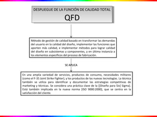 DESPLIEGUE DE LA FUNCIÓN DE CALIDAD TOTAL QFD Método de gestión de calidad basado en transformar las demandas del usuario en la calidad del diseño, implementar las funciones que aporten más calidad, e implementar métodos para lograr calidad del diseño en subsistemas y componentes, y en última instancia a los elementos específicos del proceso de fabricación. En una amplia variedad de servicios, productos de consumo, necesidades militares (como el F-35 Joint Strike Fighter), y los productos de las nuevas tecnologías. La técnica también se utiliza para identificar y documentar las estrategias competitivas de marketing y técnicas. Se considera una práctica clave de la [[Diseño para Six] Sigma].   Está también implicada en la nueva norma [ISO 9000:2000], que se centra en la satisfacción del cliente. SE APLICA 