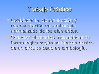Trabajo Práctico Establecer la  denominación y representación en simbología normalizada de los elementos. Conectar elementos  neumáticos en forma lógica según su función dentro de un circuito dado en simbología. 