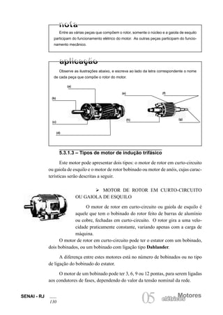 SENAI - RJ 
130 
05 elétricMosotores elétricos Entre as várias peças que compõem o rotor, somente o núcleo e a gaiola de esquilo participam do funcionamento elétrico do motor. As outras peças participam do funcionamento mecânico. 
5.3.1.3 – Tipos de motor de indução trifásico 
Este motor pode apresentar dois tipos: o motor de rotor em curto-circuito ou gaiola de esquilo e o motor de rotor bobinado ou motor de anéis, cujas características serão descritas a seguir. 
Ø MOTOR DE ROTOR EM CURTO-CIRCUITO OU GAIOLA DE ESQUILO 
O motor de rotor em curto-circuito ou gaiola de esquilo é aquele que tem o bobinado do rotor feito de barras de alumínio ou cobre, fechadas em curto-circuito. O rotor gira a uma velocidade praticamente constante, variando apenas com a carga de máquina. 
O motor de rotor em curto-circuito pode ter o estator com um bobinado, dois bobinados, ou um bobinado com ligação tipo Dahlander. 
A diferença entre estes motores está no número de bobinados ou no tipo de ligação do bobinado do estator. 
O motor de um bobinado pode ter 3, 6, 9 ou 12 pontas, para serem ligadas aos condutores de fases, dependendo do valor da tensão nominal da rede. 
Observe as ilustrações abaixo, e escreva ao lado da letra correspondente o nome de cada peça que compõe o rotor do motor. 
(a) 
(b) 
(c) 
(d) 
(e) 
(f) 
(g) 
(h)  