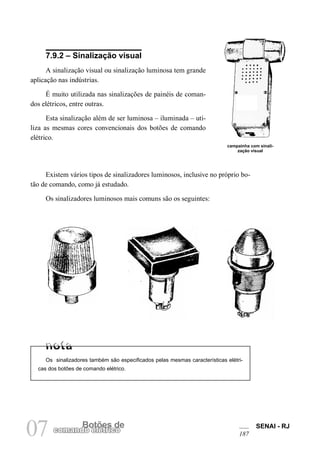 SENAI - RJ 
187 07 comandBoo etlõéetrsic doe 
7.9.2 – Sinalização visual 
A sinalização visual ou sinalização luminosa tem grande aplicação nas indústrias. 
É muito utilizada nas sinalizações de painéis de comandos elétricos, entre outras. 
Esta sinalização além de ser luminosa – iluminada – utiliza as mesmas cores convencionais dos botões de comando elétrico. 
campainha com sinalização visual 
Existem vários tipos de sinalizadores luminosos, inclusive no próprio botão de comando, como já estudado. 
Os sinalizadores luminosos mais comuns são os seguintes: 
Os sinalizadores também são especificados pelas mesmas características elétricas dos botões de comando elétrico.  