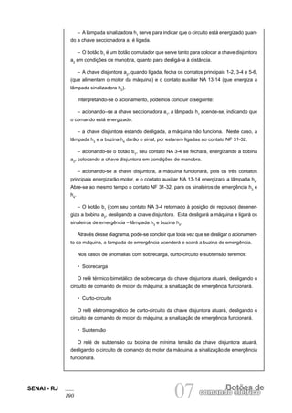 SENAI - RJ 
190 07 comandBoo etlõéetrsic doe 
– A lâmpada sinalizadora h1 serve para indicar que o circuito está energizado quando a chave seccionadora a1 é ligada. 
– O botão b1 é um botão comutador que serve tanto para colocar a chave disjuntora a2 em condições de manobra, quanto para desligá-la à distância. 
– A chave disjuntora a2, quando ligada, fecha os contatos principais 1-2, 3-4 e 5-6, (que alimentam o motor da máquina) e o contato auxiliar NA 13-14 (que energiza a lâmpada sinalizadora h2). 
Interpretando-se o acionamento, podemos concluir o seguinte: 
– acionando–se a chave seccionadora a1, a lâmpada h1 acende-se, indicando que o comando está energizado. 
– a chave disjuntora estando desligada, a máquina não funciona. Neste caso, a lâmpada h3 e a buzina h4 darão o sinal, por estarem ligadas ao contato NF 31-32. 
– acionando-se o botão b1, seu contato NA 3-4 se fechará, energizando a bobina a2, colocando a chave disjuntora em condições de manobra. 
– acionando-se a chave disjuntora, a máquina funcionará, pois os três contatos principais energizarão motor, e o contato auxiliar NA 13-14 energizará a lâmpada h2. Abre-se ao mesmo tempo o contato NF 31-32, para os sinaleiros de emergência h3 e h4. 
– O botão b1 (com seu contato NA 3-4 retornado à posição de repouso) desenergiza a bobina a2, desligando a chave disjuntora. Esta desligará a máquina e ligará os sinaleiros de emergência – lâmpada h3 e buzina h4. 
Através desse diagrama, pode-se concluir que toda vez que se desligar o acionamento da máquina, a lâmpada de emergência acenderá e soará a buzina de emergência. 
Nos casos de anomalias com sobrecarga, curto-circuito e subtensão teremos: 
• Sobrecarga 
O relé térmico bimetálico de sobrecarga da chave disjuntora atuará, desligando o circuito de comando do motor da máquina; a sinalização de emergência funcionará. 
• Curto-circuito 
O relé eletromagnético de curto-circuito da chave disjuntora atuará, desligando o circuito de comando do motor da máquina; a sinalização de emergência funcionará. 
• Subtensão 
O relé de subtensão ou bobina de mínima tensão da chave disjuntora atuará, desligando o circuito de comando do motor da máquina; a sinalização de emergência funcionará.  
