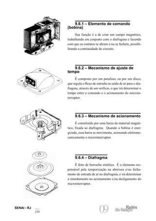 SENAI - RJ 09 de temRpeolés 230 
9.6.1 – Elemento de comando (bobina) 
Sua função é a de criar um campo magnético, trabalhando em conjunto com o diafragma e fazendo com que os contatos se abram e/ou se fechem, possibilitando a continuidade do circuito. 
9.6.2 – Mecanismo de ajuste de tempo 
É composto por um parafuso, ou por um disco, que regula o fluxo de entrada ou saída de ar para o diafragma, através de um orifício, o que irá determinar o tempo entre o comando e o acionamento do microinterruptor. 
9.6.3 – Mecanismo de acionamento 
É constituído por uma barra de material magnético, fixada ao diafragma. Quando a bobina é ener- gizada, essa barra se movimenta, acionando eletromecanicamente o microinterruptor. 
9.6.4 – Diafragma 
É feito de borracha sintética. É o elemento responsável pela temporização na abertura e/ou fechamento de entrada de ar no diafragma, e irá determinar o retardamento no acionamento e/ou desligamento do microinterruptor.  