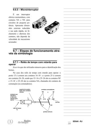 Relés 
09 de temRpeolés SENAI - RJ 
231 
É um interruptor elétrico momentâneo, comcontatos NA e NF, para circuitos de pequena potência. Apresenta dimensões externas reduzidas e sua ação rápida, no fechamento e abertura dos contatos, não depende da velocidade do mecanismo acionador. 
9.7 – Etapas de funcionamento através da simbologia 
9.7.1 – Relés de tempo com retardo para operar 
Já se viu que são utilizados números para a identificação dos bornes. 
No caso dos relés de tempo com retardo para operar: o ponto 15 é comum aos contatos 16–18 e o ponto 25 é comum aos contatos 26–28, sendo que 15–16 e 25–26 são os contatos NF e 15–18 e 25–28 são os contatos NA, chamados de contatos de comutação (ou comutadores). 
9.6.5 – Microinterruptor 
suporte de sustentação dos contatos móveis 
símbolo que identifica o relé com retardo para operar 
d1 
a 
b 
relé de tempo d1 
contatos comutadores 
bornes 
pontos comuns 
NA 
NF 
e 
16 
18 
26 
28 
15 
25  
