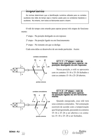 SENAI - RJ 09 de temRpeolés 232 
As normas determinam que a identificação numérica utilizada para os contatos auxiliares dos relés de tempo seja a mesma usada para os contatores tripolares e auxiliares. No entanto, nem todos os fabricantes assim o fazem. 
O relé de tempo com retardo para operar possui três etapas de funcionamento: 
1ª etapa – Na posição desligado ou em repouso 
2ª etapa – Na posição ligado ou em funcionamento 
3ª etapa – No instante em que se desliga 
Cada uma delas se desenvolve de um modo particular. Assim: 
d1 
a 
b 
contatos comutadores 
pontos comuns 
NA 
NF 
e 
16 
18 
26 
28 
15 
25 
9.7.1.1 – 1ª etapa – relé de tempo com retardo para operar, na posição desligado ou em repouso 
Nessa posição, o relé se apresenta com os contatos 15–16 e 25–26 fechados e com os contatos 15–18 e 25–28 abertos. 
contatos comutadores 
NA 
NF 
e 
16 
18 
26 
28 
15 
25 
pontos comuns 
a 
b 
d1 
9.7.1.2 – 2ª etapa – relé de tempo com retardo para operar, na posição ligado ou em funcionamento 
Quando energizado, esse relé terá seus contatos comutados. Tal comutação ocorrerá de acordo com a temporização que foi programada, passando os contatos 15–16 e 25–26 a ser abertos e os contatos 15–18 e 25–28 a ser fechados.  
