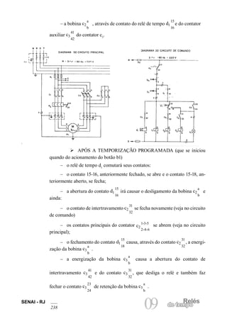 SENAI - RJ 09 de temRpeolés 238 
Ø APÓS A TEMPORIZAÇÃO PROGRAMADA (que se iniciou quando do acionamento do botão b1) 
– o relé de tempo d1 comutará seus contatos: 
– o contato 15-16, anteriormente fechado, se abre e o contato 15-18, anteriormente aberto, se fecha; 
– a abertura do contato d11516 irá causar o desligamento da bobina c2ab e ainda: 
– o contato de intertravamento c23132 se fecha novamente (veja no circuito de comando) 
– os contatos principais do contator c21-3-52-4-6 se abrem (veja no circuito principal); 
– o fechamento do contato d11518 causa, através do contato c23132, a energização da bobina c3ab. 
– a energização da bobina c3ab causa a abertura do contato de 
intertravamento c34142 e do contato c33132, que desliga o relé e também faz 
fechar o contato c32324 de retenção da bobina c3ab. 
– a bobina c2ab , através de contato do relé de tempo d11516e do contator 
auxiliar c34142 do contator c3.  