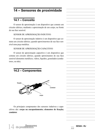 14 de proximSeidnasdoeres SENAI - RJ 
313 
14 – Sensores de proximidade 
14.1 – Conceito 
O sensor de aproximação é um dispositivo que comuta um circuito elétrico, mediante a aproximação de um corpo, na frente de sua face sensível. 
SENSOR DE APROXIMAÇÃO INDUTIVO 
O sensor de aproximação indutivo é um dispositivo que comuta um circuito elétrico, quando aproximarmos de sua face sensível uma peça metálica. 
SENSOR DE APROXIMAÇÃO CAPACITIVO 
O sensor de aproximação capacitivo é um dispositivo que comuta um circuito elétrico, quando aproximamos de sua face sensível elementos metálicos, vidros, líquidos, granulados (condutores, ou não). 
14.2 – Componentes 
fixação 
corpo 
condutor 
Os principais componentes dos sensores indutivos e capa- citivos são: corpo ou encapsulamento; elementos de fixação; condutor.  
