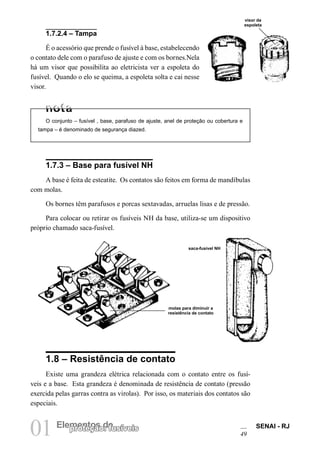 01 Elempreontetçoãso d: efusíveis SENAI - RJ 
49 
1.7.2.4 – Tampa 
É o acessório que prende o fusível à base, estabelecendo o contato dele com o parafuso de ajuste e com os bornes.Nela há um visor que possibilita ao eletricista ver a espoleta do fusível. Quando o elo se queima, a espoleta solta e cai nesse visor. 
O conjunto – fusível , base, parafuso de ajuste, anel de proteção ou cobertura e tampa – é denominado de segurança diazed. 
1.7.3 – Base para fusível NH 
A base é feita de esteatite. Os contatos são feitos em forma de mandíbulas com molas. 
Os bornes têm parafusos e porcas sextavadas, arruelas lisas e de pressão. 
Para colocar ou retirar os fusíveis NH da base, utiliza-se um dispositivo próprio chamado saca-fusível. 
1.8 – Resistência de contato 
Existe uma grandeza elétrica relacionada com o contato entre os fusíveis e a base. Esta grandeza é denominada de resistência de contato (pressão exercida pelas garras contra as virolas). Por isso, os materiais dos contatos são especiais. 
visor da espoleta 
molas para diminuir a resistência de contato 
saca-fusível NH  