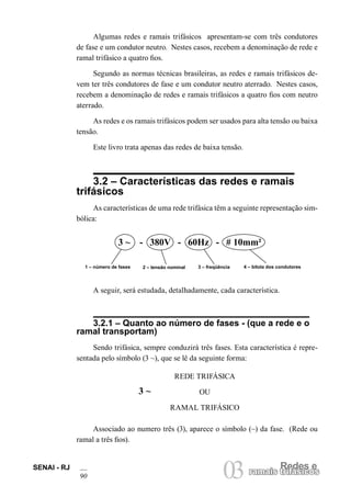 Redes e 
03 ramais trifásicos 
SENAI - RJ 
9ramais 
Algumas redes e ramais trifásicos apresentam-se com três condutores de fase e um condutor neutro. Nestes casos, recebem a denominação de rede e ramal trifásico a quatro fios. 
Segundo as normas técnicas brasileiras, as redes e ramais trifásicos devem ter três condutores de fase e um condutor neutro aterrado. Nestes casos, recebem a denominação de redes e ramais trifásicos a quatro fios com neutro aterrado. 
As redes e os ramais trifásicos podem ser usados para alta tensão ou baixa tensão. 
Este livro trata apenas das redes de baixa tensão. 
3.2 – Características das redes e ramais trifásicos 
As características de uma rede trifásica têm a seguinte representação simbólica: 
A seguir, será estudada, detalhadamente, cada característica. 
3.2.1 – Quanto ao número de fases - (que a rede e o ramal transportam) 
Sendo trifásica, sempre conduzirá três fases. Esta característica é representada pelo símbolo (3 ~), que se lê da seguinte forma: 
1 – número de fases 
4 – bitola dos condutores 
2 – tensão nominal 
3 – freqüência 
3 ~ - 380V - 60Hz - # 10mm² 
REDE TRIFÁSICA 
OU 
RAMAL TRIFÁSICO 
3 ~ 
Associado ao numero três (3), aparece o símbolo (~) da fase. (Rede ou ramal a três fios).  