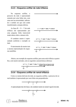 Redes e 
03 ramais tRriefádseisco es SENAI - RJ 
97 
3.4.3 – Esquema unifilar de rede trifásica 
No esquema unifilar, o percurso da rede é representado somente por uma linha reta, com uma seta na extremidade, indicando o sentido em que está sendo transformada a energia elétrica. 
As fases R – S – T da rede trifásica são representadas por uma pequena linha transversal tendo abaixo dela o número três. 
O condutor neutro é representado conforme o exemplo ao lado. 
O aterramento do neutro tem a mesma representação do esquema multifilar. 
Abaixo, um exemplo de esquema unifilar, para uma rede trifásica a quatro fios, com neutro aterrado, com as seguintes características elétricas: 
3 ~ – 220V – 60Hz – # 25mm² 
3 
N – 3 ~ – 220V – 60Hz – # 25mm² 
3 
N – 3 ~ – 220V – 60Hz – # 25mm² 
3 
A representação das três fases e do condutor neutro no ramal é igual à da rede. 
3 
3 
3 
3 
3 
3.4.4 – Esquema unifilar de ramal trifásico 
Como os ramais derivam da rede, no esquema unifilar, o percurso do ramal também é representado por uma linha reta perpendicular. 
N – 3 ~ – 440V – 60Hz – # 10mm² Para as fases da rede 
3 
# 6mm² Para o neutro da rede  