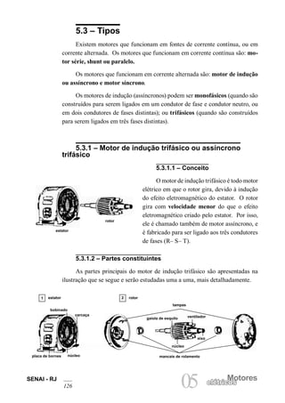 SENAI - RJ
126
Motores
05 elétricoselétricos
5.3 – Tipos
Existem motores que funcionam em fontes de corrente contínua, ou em
corrente alternada. Os motores que funcionam em corrente contínua são: mo-
tor série, shunt ou paralelo.
Os motores que funcionam em corrente alternada são: motor de indução
ou assíncrono e motor síncrono.
Os motores de indução (assíncronos) podem ser monofásicos (quando são
construídos para serem ligados em um condutor de fase e condutor neutro, ou
em dois condutores de fases distintas); ou trifásicos (quando são construídos
para serem ligados em três fases distintas).
5.3.1 – Motor de indução trifásico ou assíncrono
trifásico
estator
rotor
5.3.1.1 – Conceito
O motor de indução trifásico é todo motor
elétrico em que o rotor gira, devido à indução
do efeito eletromagnético do estator. O rotor
gira com velocidade menor do que o efeito
eletromagnético criado pelo estator. Por isso,
ele é chamado também de motor assíncrono, e
é fabricado para ser ligado aos três condutores
de fases (R– S– T).
5.3.1.2 – Partes constituintes
As partes principais do motor de indução trifásico são apresentadas na
ilustração que se segue e serão estudadas uma a uma, mais detalhadamente.
tampas
estator rotor
bobinado
núcleoplaca de bornes
gaiola de esquilo
eixo
ventilador
mancais de rolamento
carcaça
núcleo
1 2
 