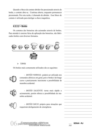 Componentes elétricospara acionamento de
circuitos elétricos06 SENAI - RJ
163
Quando o bloco de contato abridor for pressionado através do
botão, o contato abre-se. Continua aberto, enquanto permanecer
pressionado. Por esta razão, é chamado de abridor. Esse bloco de
contato é utilizado para desligar a chave magnética.
6.2.2.2 – Botão
Os contatos das botoeiras são acionados através de botões.
Para atender à enorme faixa de aplicação das botoeiras, são fabri-
cados botões com diversos formatos.
Ø TIPOS
Os botões mais comumente utilizados são os seguintes:
– BOTÃO NORMAL: poderá ser utilizado nos
comandos elétricos em geral, pois o botão é de longo
curso e praticamente inexistente a possibilidade de
manobra acidental.
– BOTÃO SALIENTE: torna mais rápido o
acionamento, porém oferece a possibilidade de ma-
nobra acidental.
– BOTÃO SOCO: próprio para situações que
requeiram desligamento de emergência.
 