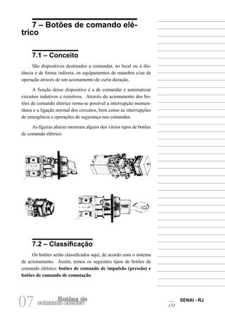 SENAI - RJ
17307 Botões de
comando elétrico
7 – Botões de comando elé-
trico
7.1 – Conceito
São dispositivos destinados a comandar, no local ou à dis-
tância e de forma indireta, os equipamentos de manobra e/ou de
operação através de um acionamento de curta duração.
A função desse dispositivo é a de comandar e automatizar
circuitos indutivos e resistivos. Através do acionamento dos bo-
tões de comando elétrico torna-se possível a interrupção momen-
tânea e a ligação normal dos circuitos, bem como as interrupções
de emergência e operações de segurança nos comandos.
As figuras abaixo mostram alguns dos vários tipos de botões
de comando elétrico.
7.2 – Classificação
Os botões serão classificados aqui, de acordo com o sistema
de acionamento. Assim, temos os seguintes tipos de botões de
comando elétrico: botões de comando de impulsão (pressão) e
botões de comando de comutação.
 