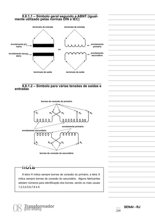 TransformadorTransformador
08(ou trafo)
SENAI - RJ
209
8.8.1.1 – Símbolo geral segundo a ABNT (igual-
mente utilizado pelas normas DIN e IEC)
8.8.1.2 – Símbolo para várias tensões de saídas e
entradas
terminais de entrada terminais de entrada
ou
enrolamento pri-
mário
enrolamento secun-
dário
enrolamento
secundário
enrolamento
primário
terminais de saída terminais de saída
bornes de conexão do primário
bornes de conexão do secundário
enrolamento primário
enrolamento secundário
H1 H3 H2 H4 H5
X1 X2 X3 X4
A letra H indica sempre bornes de conexão do primário; a letra X
indica sempre bornes de conexão do secundário. Alguns fabricantes
adotam números para identificação dos bornes, sendo os mais usuais
1,2,3,4,5,6,7,8 e 9.
 