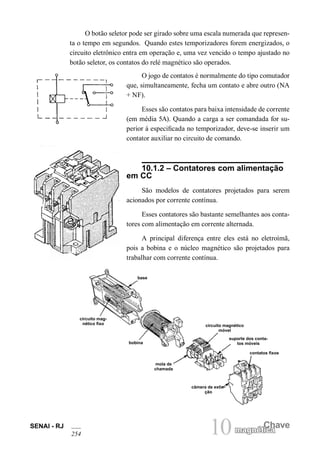 10 Chave
magnética
SENAI - RJ
254
O botão seletor pode ser girado sobre uma escala numerada que represen-
ta o tempo em segundos. Quando estes temporizadores forem energizados, o
circuito eletrônico entra em operação e, uma vez vencido o tempo ajustado no
botão seletor, os contatos do relé magnético são operados.
O jogo de contatos é normalmente do tipo comutador
que, simultaneamente, fecha um contato e abre outro (NA
+ NF).
Esses são contatos para baixa intensidade de corrente
(em média 5A). Quando a carga a ser comandada for su-
perior à especificada no temporizador, deve-se inserir um
contator auxiliar no circuito de comando.
10.1.2 – Contatores com alimentação
em CC
São modelos de contatores projetados para serem
acionados por corrente contínua.
Esses contatores são bastante semelhantes aos conta-
tores com alimentação em corrente alternada.
A principal diferença entre eles está no eletroímã,
pois a bobina e o núcleo magnético são projetados para
trabalhar com corrente contínua.
base
circuito mag-
nético fixo
bobina
mola de
chamada
circuito magnético
móvel
suporte dos conta-
tos móveis
contatos fixos
câmera de extin-
ção
 