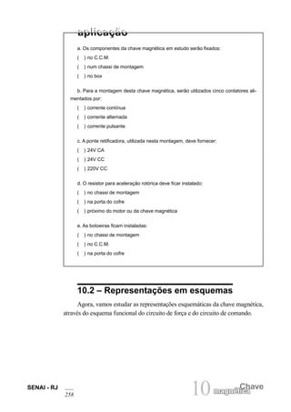 10 Chave
magnética
SENAI - RJ
258
a. Os componentes da chave magnética em estudo serão fixados:
( ) no C.C.M.
( ) num chassi de montagem
( ) no box
b. Para a montagem desta chave magnética, serão utilizados cinco contatores ali-
mentados por:
( ) corrente contínua
( ) corrente alternada
( ) corrente pulsante
c. A ponte retificadora, utilizada nesta montagem, deve fornecer:
( ) 24V CA
( ) 24V CC
( ) 220V CC
d. O resistor para aceleração rotórica deve ficar instalado:
( ) no chassi de montagem
( ) na porta do cofre
( ) próximo do motor ou da chave magnética
e. As botoeiras ficam instaladas:
( ) no chassi de montagem
( ) no C.C.M.
( ) na porta do cofre
10.2 – Representações em esquemas
Agora, vamos estudar as representações esquemáticas da chave magnética,
através do esquema funcional do circuito de força e do circuito de comando.
 