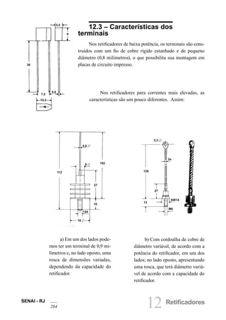 12 RetificadoresSENAI - RJ
284
12.3 – Características dos
terminais
Nos retificadores de baixa potência, os terminais são cons-
truídos com um fio de cobre rígido estanhado e de pequeno
diâmetro (0,8 milímetros), o que possibilita sua montagem em
placas de circuito impresso.
Nos retificadores para correntes mais elevadas, as
características são um pouco diferentes. Assim:
0,9 
8  102
112
27
10
144
18 
5,5
9
36
0,8
7,5
10,5
a) Em um dos lados pode-
mos ter um terminal de 0,9 mi-
límetros e, no lado oposto, uma
rosca de dimensões variadas,
dependendo da capacidade do
retificador.
b) Com cordoalha de cobre de
diâmetro variável, de acordo com a
potência do retificador, em um dos
lados; no lado oposto, apresentando
uma rosca, que terá diâmetro variá-
vel de acordo com a capacidade do
retificador.
5,3 
2a
129
27
13
SW14
M6
 