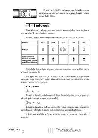 01 Elementos deproteção: fusíveisSENAI - RJ
40
O símbolo (> 50KA) indica que este fusível tem uma
capacidade de interromper um curto-circuito com valores
acima de 50 000A.
1.5 – Simbologia
Cada dispositivo elétrico tem um símbolo característico, para facilitar a
esquematização dos circuitos elétricos.
Para os fusíveis, o símbolo usado nas diversas normas é o seguinte:
O símbolo dos fusíveis tanto em esquema multifilar como unifilar tem a
mesma representação.
Em todos os esquemas encontra-se a letra e (minúscula), acompanhada
de um ou mais algarismos, ao lado do símbolo do fusível, para identificação do
tipo de circuito que ele protege.
EXEMPLOS:
e1 - e2 - e3 ...
Esta identificação ao lado do símbolo do fusível significa que este protege
circuito principal (circuito de alimentação).
e11 - e12 - e13 ...
Esta identificação ao lado do símbolo do fusível significa que este protege
circuito com voltímetro (circuito com instrumento de medida elétrica).
A leitura do símbolo se faz da seguinte maneira: e um-um, e um-dois, e
um-três...
Fusível com in-
dicação do lado
energizado, após a
queima do mesmo
Norma ABNT DIM ANSI UTE IEC
Fusível
 