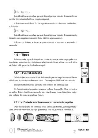 01 Elementos deproteção: fusíveis SENAI - RJ
41
e21 - e22 - e23 ...
Esta identificação significa que este fusível protege circuito de comando ou
auxiliar (circuito distribuído na própria máquina).
A leitura do símbolo se faz da seguinte maneira: e dois-um, e dois-dois,
e dois-três...
e91 - e92 - e93 ...
Esta identificação significa que este fusível protege circuito de aquecimento
(circuito com carga resistiva como: forno elétrico, aquecedores ...).
A leitura do símbolo se faz da seguinte maneira: e nove-um, e nove-dois, e
nove-três...
1.6 – Tipos
Existem vários tipos de fusíveis no comércio, mas os mais empregados em
instalações industriais são: fusíveis-cartucho, fusíveis diazed, silized e neozed, além
do fusível NH, que serão detalhados a seguir.
1.6.1 – Fusível-cartucho
Ofusíveltipocartuchotemelodefusãoenvoltoporumcorpoisolanteemforma
cilíndrica e os contatos em forma de virola. Este conjunto dá idéia de um cartucho.
Existem também fusíveis-cartucho com contatos em forma de faca.
Os fusíveis-cartucho podem ter corpo isolante de papelão, fibra, cerâmica
ou vidro. Todos eles têm a mesma forma. (A diferença entre eles está no mate-
rial isolante do corpo e no elo de fusão).
1.6.1.1 – Fusível-cartucho com corpo isolante de papelão
O elo fusível é feito em forma de fio ou lâmina de chumbo, com seção redu-
zida. Pode ser renovável, ou seja, queimando-se o elo, é possível substituí-lo.
 