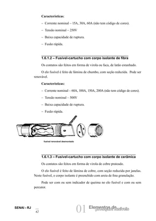 01 Elementos deproteção: fusíveisSENAI - RJ
42
fusível renovável desmontado
Características:
– Corrente nominal – 15A, 30A, 60A (não tem código de cores).
– Tensão nominal – 250V
– Baixa capacidade de ruptura.
– Fusão rápida.
1.6.1.2 – Fusível-cartucho com corpo isolante de fibra
Os contatos são feitos em forma de virola ou faca, de latão estanhado.
O elo fusível é feito de lâmina de chumbo, com seção reduzida. Pode ser
renovável.
Características:
– Corrente nominal – 60A, 100A, 150A, 200A (não tem código de cores).
– Tensão nominal – 500V
– Baixa capacidade de ruptura.
– Fusão rápida.
1.6.1.3 – Fusível-cartucho com corpo isolante de cerâmica
Os contatos são feitos em forma de virola de cobre prateado.
O elo fusível é feito de lâmina de cobre, com seção reduzida por janelas.
Neste fusível, o corpo isolante é preenchido com areia de fina granulação.
Pode ser com ou sem indicador de queima no elo fusível e com ou sem
percutor.
 
