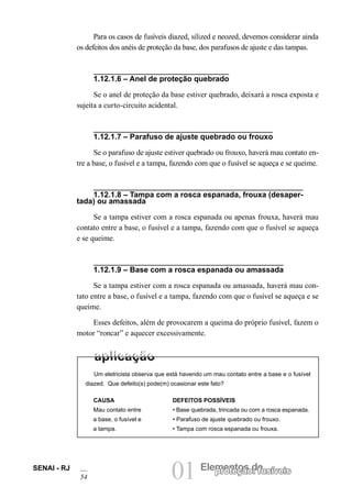 01 Elementos deproteção: fusíveisSENAI - RJ
54
Para os casos de fusíveis diazed, silized e neozed, devemos considerar ainda
os defeitos dos anéis de proteção da base, dos parafusos de ajuste e das tampas.
1.12.1.6 – Anel de proteção quebrado
Se o anel de proteção da base estiver quebrado, deixará a rosca exposta e
sujeita a curto-circuito acidental.
1.12.1.7 – Parafuso de ajuste quebrado ou frouxo
Se o parafuso de ajuste estiver quebrado ou frouxo, haverá mau contato en-
tre a base, o fusível e a tampa, fazendo com que o fusível se aqueça e se queime.
1.12.1.8 – Tampa com a rosca espanada, frouxa (desaper-
tada) ou amassada
Se a tampa estiver com a rosca espanada ou apenas frouxa, haverá mau
contato entre a base, o fusível e a tampa, fazendo com que o fusível se aqueça
e se queime.
1.12.1.9 – Base com a rosca espanada ou amassada
Se a tampa estiver com a rosca espanada ou amassada, haverá mau con-
tato entre a base, o fusível e a tampa, fazendo com que o fusível se aqueça e se
queime.
Esses defeitos, além de provocarem a queima do próprio fusível, fazem o
motor “roncar” e aquecer excessivamente.
CAUSA
Mau contato entre
a base, o fusível e
a tampa.
Um eletricista observa que está havendo um mau contato entre a base e o fusível
diazed. Que defeito(s) pode(m) ocasionar este fato?
DEFEITOS POSSÍVEIS
• Base quebrada, trincada ou com a rosca espanada.
• Parafuso de ajuste quebrado ou frouxo.
• Tampa com rosca espanada ou frouxa.
 