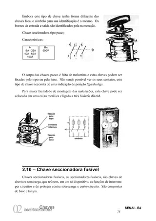 Chaves SENAI - RJ
75
Chaves
02seccionadoras
Embora este tipo de chave tenha forma diferente das
chaves faca, o símbolo para sua identificação é o mesmo. Os
bornes de entrada e saída são identificados pela numeração.
Chave seccionadora tipo pacco
Características:
In Un
16A - 25A 600V
40A - 63A
100A
O corpo das chaves pacco é feito de melamina e estas chaves podem ser
fixadas pelo topo ou pela base. Não sendo possível ver os seus contatos, este
tipo de chave necessita de uma indicação de posição liga/desliga.
Para maior facilidade de montagem das instalações, esta chave pode ser
colocada em uma caixa metálica e ligada a três fusíveis diazed.
2.10 – Chave seccionadora fusível
Chaves seccionadoras fusíveis, ou seccionadores-fusíveis, são chaves de
abertura sem carga, que reúnem, em um só dispositivo, as funções de interrom-
per circuitos e de proteger contra sobrecarga e curto-circuito. São compostas
de base e tampa.
a
1 3 5
642
fixação
pelo
topo
contatos
internos
fixação
pela
base
e
a
símbolo
 