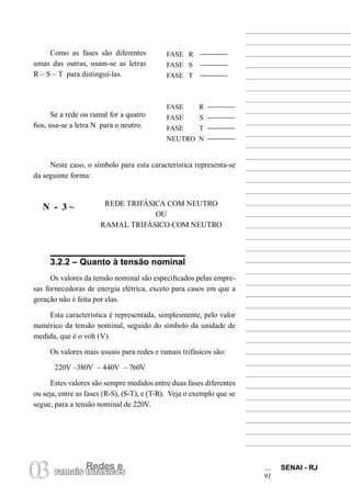 Redes eRedes e
03ramais trifásicos
SENAI - RJ
91
Como as fases são diferentes
umas das outras, usam-se as letras
R – S – T para distingui-las.
FASE R
FASE S
FASE T
FASE R
FASE S
FASE T
NEUTRO N
Neste caso, o símbolo para esta característica representa-se
da seguinte forma:
3.2.2 – Quanto à tensão nominal
Os valores da tensão nominal são especificados pelas empre-
sas fornecedoras de energia elétrica, exceto para casos em que a
geração não é feita por elas.
Esta característica é representada, simplesmente, pelo valor
numérico da tensão nominal, seguido do símbolo da unidade de
medida, que é o volt (V).
Os valores mais usuais para redes e ramais trifásicos são:
220V –380V – 440V – 760V
Estes valores são sempre medidos entre duas fases diferentes
ou seja, entre as fases (R-S), (S-T), e (T-R). Veja o exemplo que se
segue, para a tensão nominal de 220V.
REDE TRIFÁSICA COM NEUTRO
OU
RAMAL TRIFÁSICO COM NEUTRO
N - 3 ~
Se a rede ou ramal for a quatro
fios, usa-se a letra N para o neutro.
 