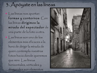 Las líneas nos aportan  formas y contornos . Con las líneas  dirigimos la mirada del espectador  de una parte de la foto a otra.  Las líneas son uno de los elementos más eficaces a la hora de dirigir la mirada de quien contempla nuestras fotos hacia donde queremos que mire. Las líneas horizontales, verticales y diagonales son elementos compositivos que aportan significado a las imágenes.  