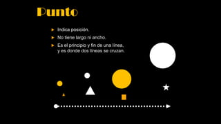 Punto
 Indica posición.
 No tiene largo ni ancho.
 Es el principio y fin de una línea,
y es donde dos líneas se cruzan.
 