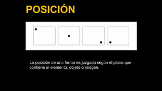 POSICIÓN
La posición de una forma es juzgada según el plano que
contiene al elemento, objeto o imagen.
 