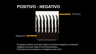 POSITIVO - NEGATIVO
El espacio positivo es el que rodea a una forma negativa y el espacio
negativo es el que rodea a una forma positiva.
El positivo es el ocupante y el negativo es el vacío
Positivo
Negativo
 