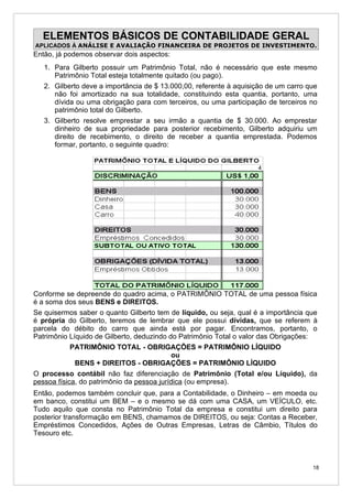 ELEMENTOS BÁSICOS DE CONTABILIDADE GERAL
APLICADOS À ANÁLISE E AVALIAÇÃO FINANCEIRA DE PROJETOS DE INVESTIMENTO.
Então, já podemos observar dois aspectos:
   1. Para Gilberto possuir um Patrimônio Total, não é necessário que este mesmo
      Patrimônio Total esteja totalmente quitado (ou pago).
   2. Gilberto deve a importância de $ 13.000,00, referente à aquisição de um carro que
      não foi amortizado na sua totalidade, constituindo esta quantia, portanto, uma
      dívida ou uma obrigação para com terceiros, ou uma participação de terceiros no
      patrimônio total do Gilberto.
   3. Gilberto resolve emprestar a seu irmão a quantia de $ 30.000. Ao emprestar
      dinheiro de sua propriedade para posterior recebimento, Gilberto adquiriu um
      direito de recebimento, o direito de receber a quantia emprestada. Podemos
      formar, portanto, o seguinte quadro:




Conforme se depreende do quadro acima, o PATRIMÔNIO TOTAL de uma pessoa física
é a soma dos seus BENS e DIREITOS.
Se quisermos saber o quanto Gilberto tem de líquido, ou seja, qual é a importância que
é própria do Gilberto, teremos de lembrar que ele possui dívidas, que se referem à
parcela do débito do carro que ainda está por pagar. Encontramos, portanto, o
Patrimônio Líquido de Gilberto, deduzindo do Patrimônio Total o valor das Obrigações:
            PATRIMÔNIO TOTAL - OBRIGAÇÕES = PATRIMÔNIO LÍQUIDO
                                           ou
             BENS + DIREITOS - OBRIGAÇÕES = PATRIMÔNIO LÍQUIDO
O processo contábil não faz diferenciação de Patrimônio (Total e/ou Líquido), da
pessoa física, do patrimônio da pessoa jurídica (ou empresa).
Então, podemos também concluir que, para a Contabilidade, o Dinheiro – em moeda ou
em banco, constitui um BEM – e o mesmo se dá com uma CASA, um VEÍCULO, etc.
Tudo aquilo que consta no Patrimônio Total da empresa e constitui um direito para
posterior transformação em BENS, chamamos de DIREITOS, ou seja: Contas a Receber,
Empréstimos Concedidos, Ações de Outras Empresas, Letras de Câmbio, Títulos do
Tesouro etc.



                                                                                     18
 
