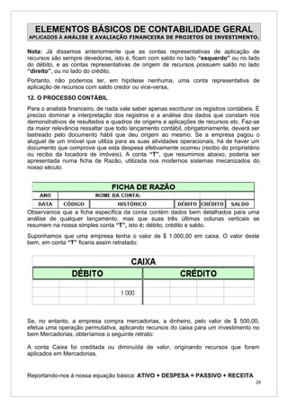 ELEMENTOS BÁSICOS DE CONTABILIDADE GERAL
APLICADOS À ANÁLISE E AVALIAÇÃO FINANCEIRA DE PROJETOS DE INVESTIMENTO.


Nota: Já dissemos anteriormente que as contas representativas de aplicação de
recursos são sempre devedoras, isto é, ficam com saldo no lado “esquerdo” ou no lado
do débito, e as contas representativas de origem de recursos possuem saldo no lado
“direito”, ou no lado do crédito.
Portanto, não podemos ter, em hipótese nenhuma, uma conta representativa de
aplicação de recursos com saldo credor ou vice-versa.
12. O PROCESSO CONTÁBIL
Para o analista financeiro, de nada vale saber apenas escriturar os registros contábeis. É
preciso dominar a interpretação dos registros e a análise dos dados que constam nos
demonstrativos de resultados e quadros de origens e aplicações de recursos etc. Faz-se
da maior relevância ressaltar que todo lançamento contábil, obrigatoriamente, deverá ser
lastreado pelo documento hábil que deu origem ao mesmo. Se a empresa pagou o
aluguel de um imóvel que utiliza para as suas atividades operacionais, há de haver um
documento que comprove que esta despesa efetivamente ocorreu (recibo do proprietário
ou recibo da locadora de imóveis). A conta “T”, que resumimos abaixo, poderia ser
apresentada numa ficha de Razão, utilizada nos modernos sistemas mecanizados do
nosso século.




Observamos que a ficha específica da conta contém dados bem detalhados para uma
análise de qualquer lançamento, mas que suas três últimas colunas verticais se
resumem na nossa simples conta “T”, isto é: débito, crédito e saldo.
Suponhamos que uma empresa tenha o valor de $ 1.000,00 em caixa. O valor deste
bem, em conta “T” ficaria assim retratado:




Se, no entanto, a empresa compra mercadorias, a dinheiro, pelo valor de $ 500,00,
efetua uma operação permutativa, aplicando recursos do caixa para um investimento no
bem Mercadorias, obteríamos o seguinte retrato:

A conta Caixa foi creditada ou diminuída de valor, originando recursos que foram
aplicados em Mercadorias.


Reportando-nos à nossa equação básica: ATIVO + DESPESA = PASSIVO + RECEITA
                                                                                        29
 