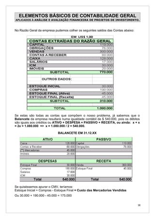 ELEMENTOS BÁSICOS DE CONTABILIDADE GERAL
APLICADOS À ANÁLISE E AVALIAÇÃO FINANCEIRA DE PROJETOS DE INVESTIMENTO.



No Razão Geral da empresa pudemos colher os seguintes saldos das Contas abaixo:




Se estas são todas as contas que compõem o nosso problema, já sabemos que o
Balancete da empresa resultará numa igualdade contábil de $ 540.000, pois os débitos
são iguais aos créditos ou ATIVO + DESPESA = PASSIVO + RECEITA, ou ainda: x + x
= 2x = 1.080.000 => x = 1.080.000 / 2 = 540.000.

                             BALANCETE EM 31.12.XX




Se quiséssemos apurar o CMV, teríamos:
Estoque Inicial + Compras - Estoque Final = Custo das Mercadorias Vendidas
Ou 30.000 + 190.000 - 45.000 = 175.000


                                                                                  38
 