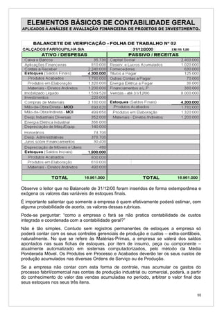 ELEMENTOS BÁSICOS DE CONTABILIDADE GERAL
APLICADOS À ANÁLISE E AVALIAÇÃO FINANCEIRA DE PROJETOS DE INVESTIMENTO.




Observe o leitor que no Balancete de 31/12/00 foram inseridos de forma extemporânea e
exógena os valores das variáveis de estoques finais.
É importante salientar que somente a empresa é quem efetivamente poderá estimar, com
alguma probabilidade de acerto, os valores dessas rubricas.
Pode-se perguntar: “como a empresa o fará se não pratica contabilidade de custos
integrada e coordenada com a contabilidade geral?”
Não é tão simples. Contudo sem registros permanentes de estoques a empresa só
poderá contar com os seus controles gerenciais de produção e custos – extra-contãbeis,
naturalmente. No que se refere às Matérias-Primas, a empresa se valerá dos saldos
apontados nas suas fichas de estoques, por item de insumo, peça ou componente –
atualmente automatizado em sistemas computadorizados, pelo método da Média
Ponderada Móvel. Os Produtos em Processo e Acabados deverão ter os seus custos de
produção acumulados nas diversas Ordens de Serviço ou de Produção.
Se a empresa não contar com esta forma de controle, mas acumular os gastos do
processo fabril/comercial nas contas de produção industrial ou comercial, poderá, a partir
do conhecimento do valor das vendas acumuladas no período, arbitrar o valor final dos
seus estoques nos seus três itens.

                                                                                        55
 