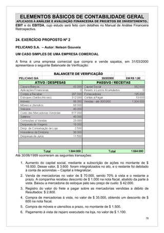 ELEMENTOS BÁSICOS DE CONTABILIDADE GERAL
APLICADOS À ANÁLISE E AVALIAÇÃO FINANCEIRA DE PROJETOS DE INVESTIMENTO.
EBIT e do EBITDA, cujo estudo será feito com detalhes no Manual de Análise Financeira
Retrospectiva.


24. EXERCÍCIO PROPOSTO Nº 2

PELICANO S.A. – Autor: Nelson Gouveia

UM CASO SIMPLES DE UMA EMPRESA COMERCIAL

A firma é uma empresa comercial que compra e vende sapatos, em 31/03/2000
apresentava o seguinte Balancete de Verificação:




Até 30/06/1999 ocorreram as seguintes transações:

   1. Aumento do capital social, mediante a subscrição de ações no montante de $
      18.000. Desse valor, $ 3.600 foram integralizados no ato, e o restante foi debitado
      à conta de acionistas – Capital a Integralizar.
   2. Venda de mercadorias no valor de $ 70.000, sendo 70% à vista e o restante a
      prazo. A companhia recebeu desconto de $ 1.000 na nota fiscal, abatido da parte à
      vista. Baixou a mercadoria do estoque pelo seu preço de custo: $ 42.000.
   3. Registro do valor do frete a pagar sobre as mercadorias vendidas a débito de
      Resultados: $ 2.800.
   4. Compra de mercadorias à vista, no valor de $ 35.000, obtendo um desconto de $
      600 na nota fiscal.
   5. Compra de móveis e utensílios a prazo, no montante de $ 1.500.
   6. Pagamento à vista de reparo executado na loja, no valor de $ 1.100.
                                                                                       78
 
