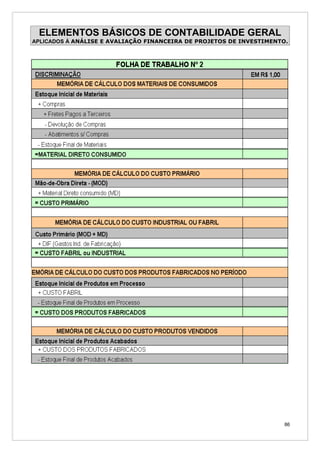 ELEMENTOS BÁSICOS DE CONTABILIDADE GERAL
APLICADOS À ANÁLISE E AVALIAÇÃO FINANCEIRA DE PROJETOS DE INVESTIMENTO.




                                                                      86
 